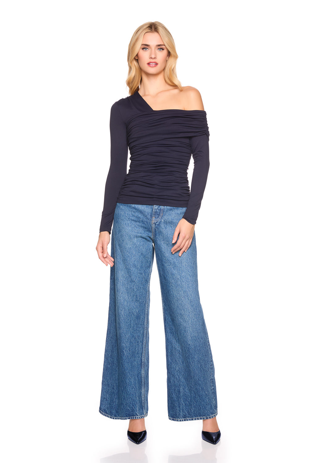 one arm off shoulder gathered top