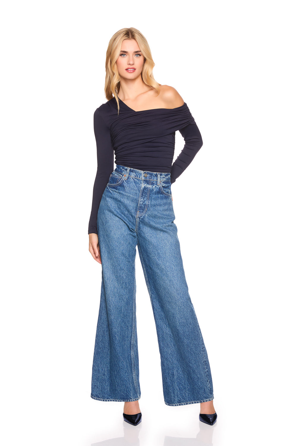 one arm off shoulder gathered top