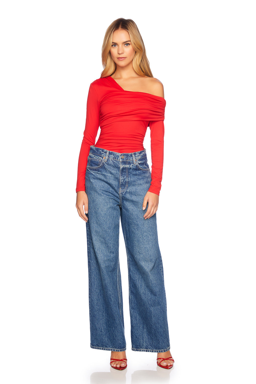 one arm off shoulder gathered top