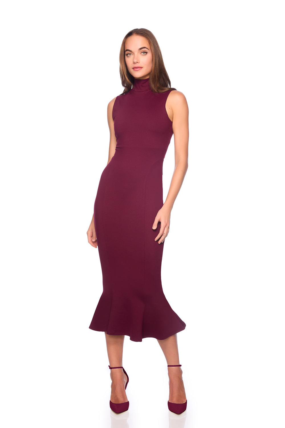 mock neck sleeveless trumpet midi dress