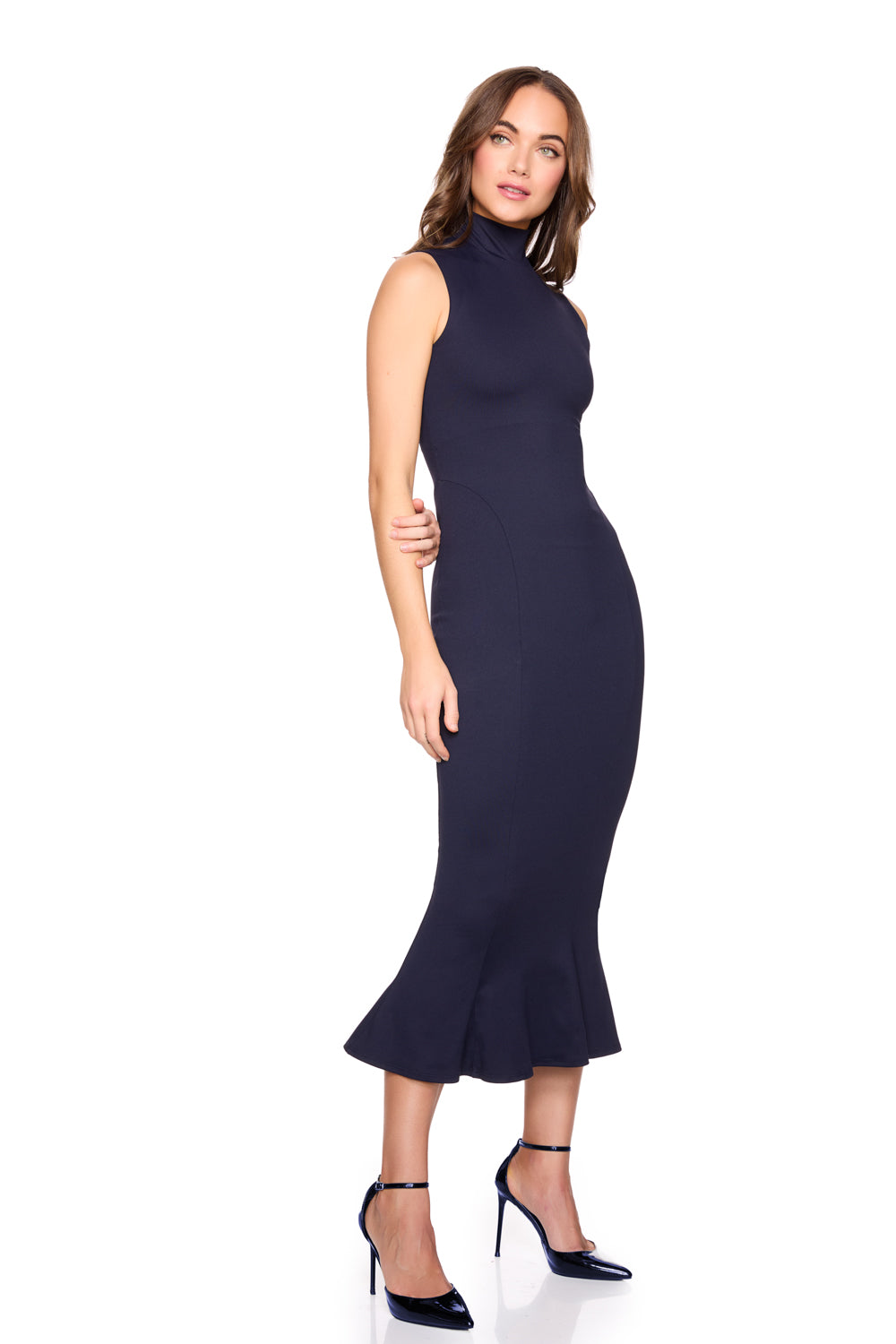 mock neck sleeveless trumpet midi dress