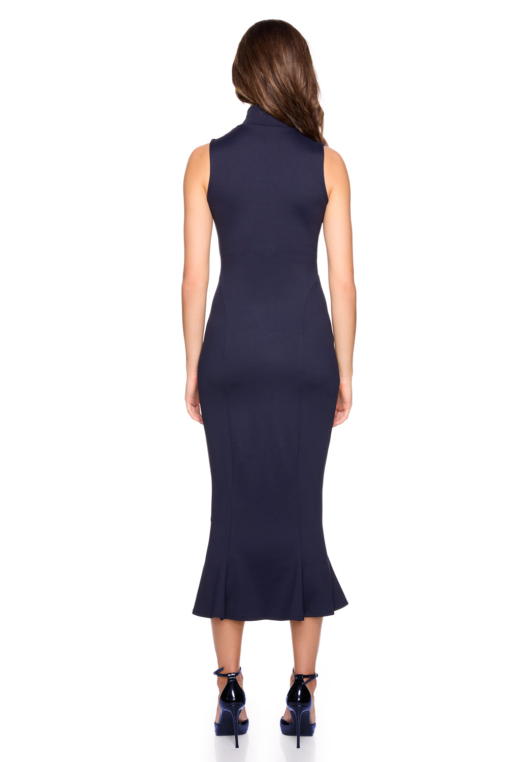 mock neck sleeveless trumpet midi dress