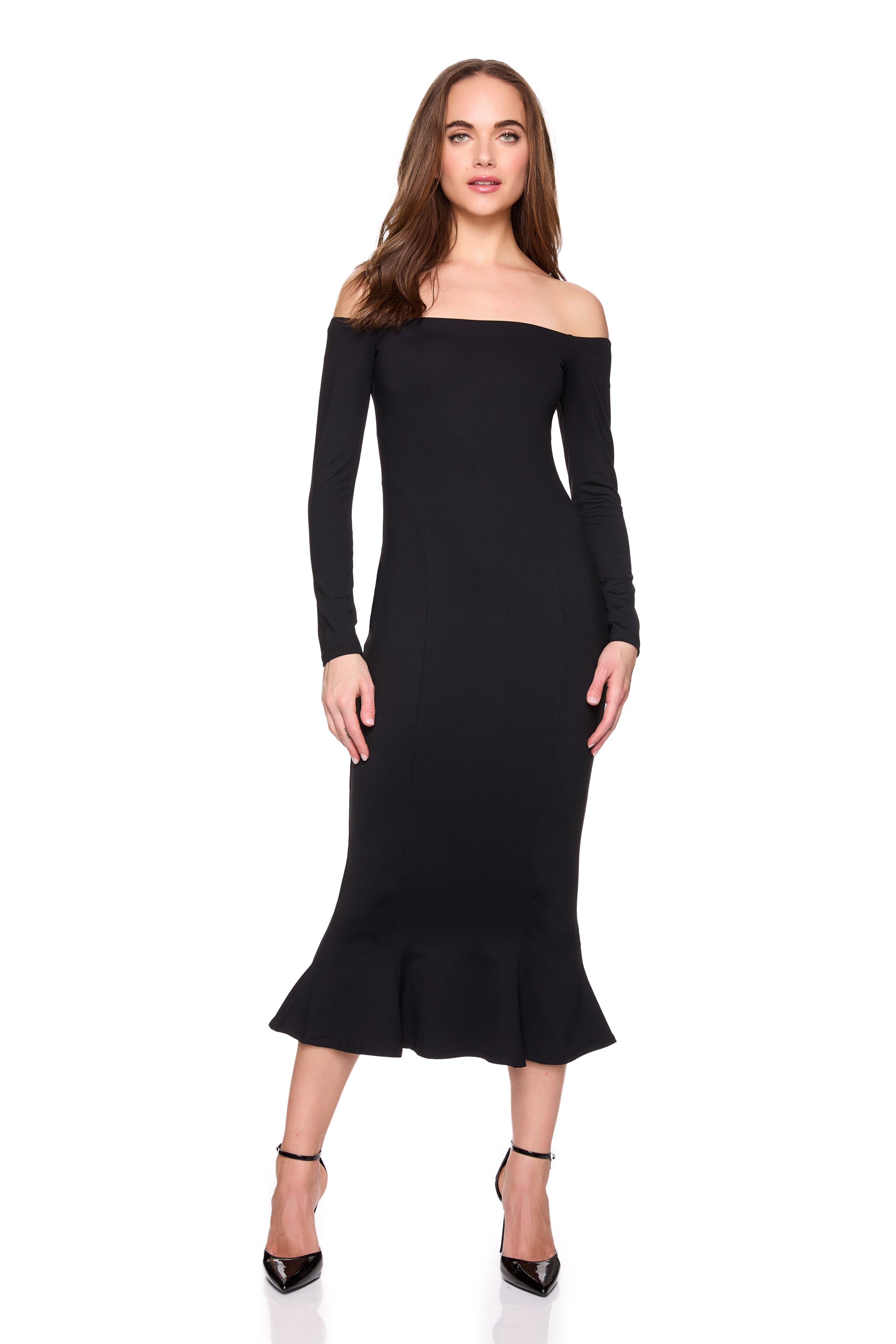 off shoulder trumpet dress