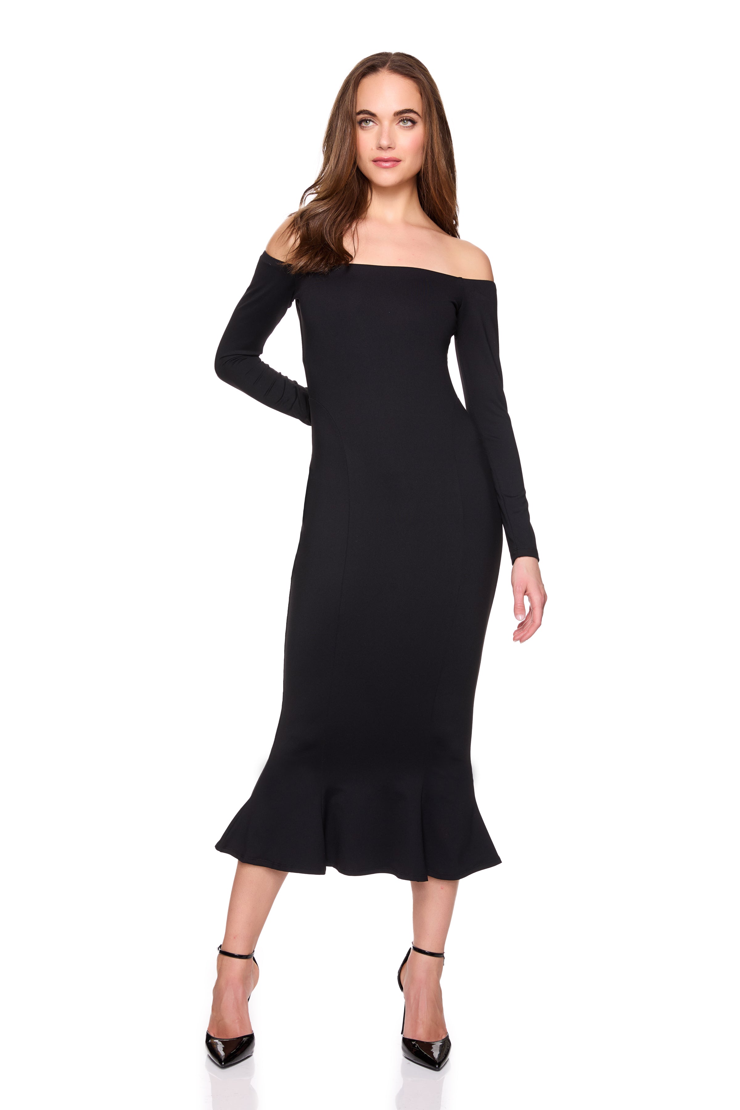 off shoulder trumpet dress