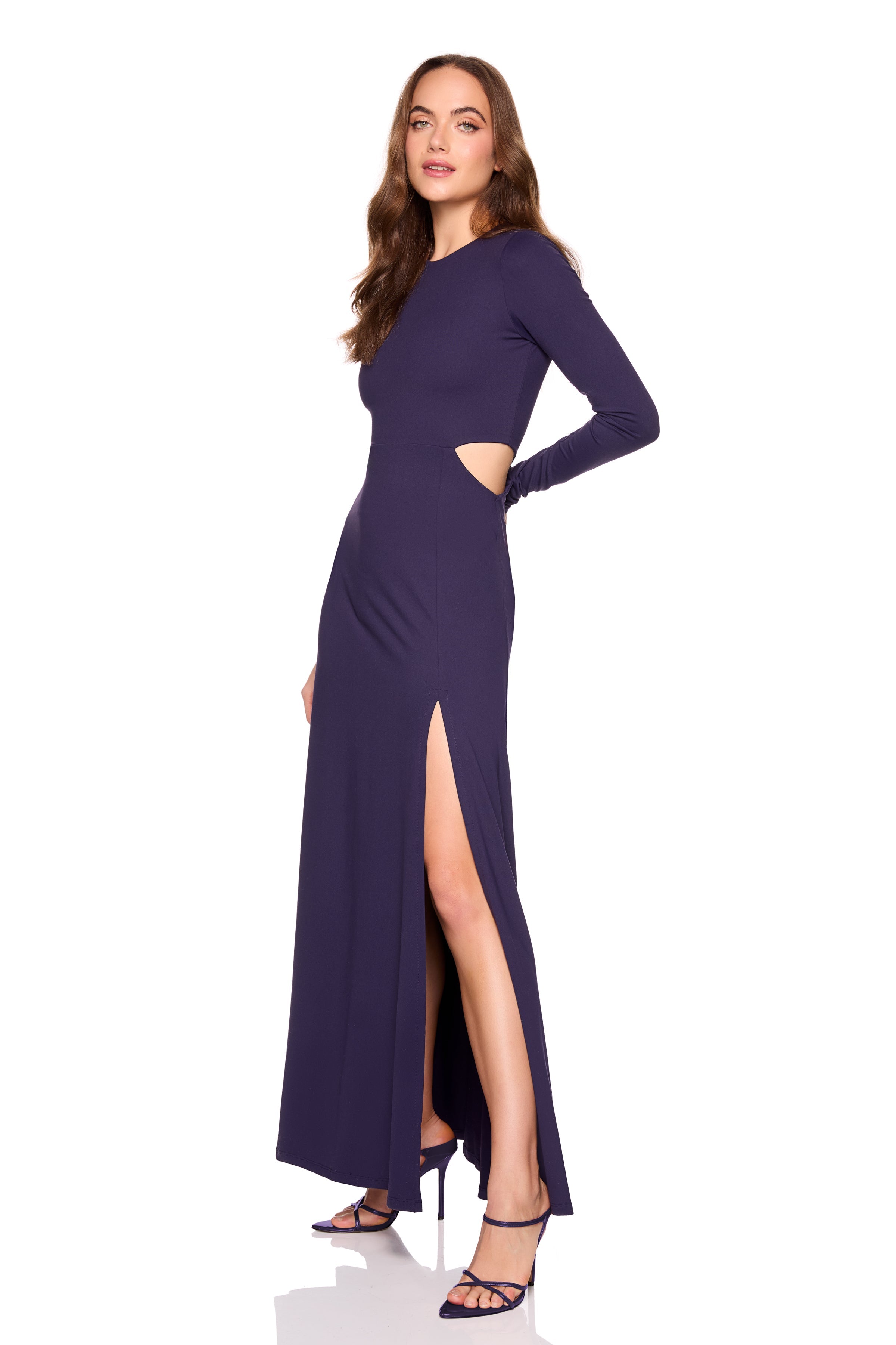 crew side cut out slit long sleeve dress