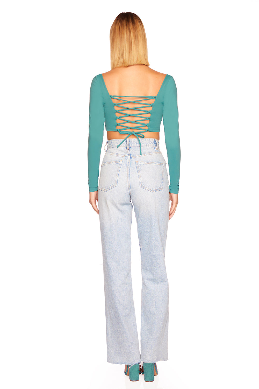 lace up back long sleeve crop top