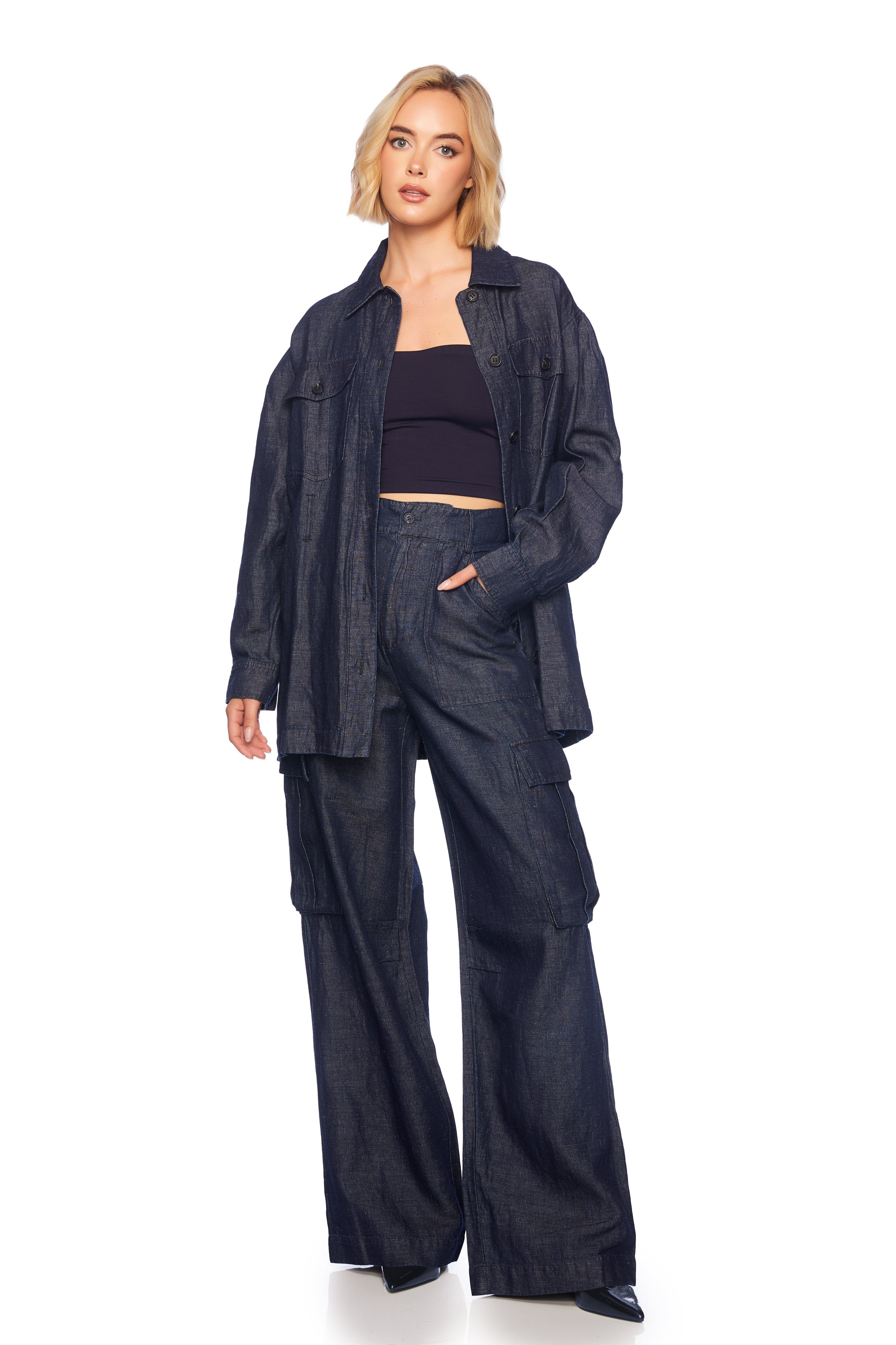 denim linen jacket with belt