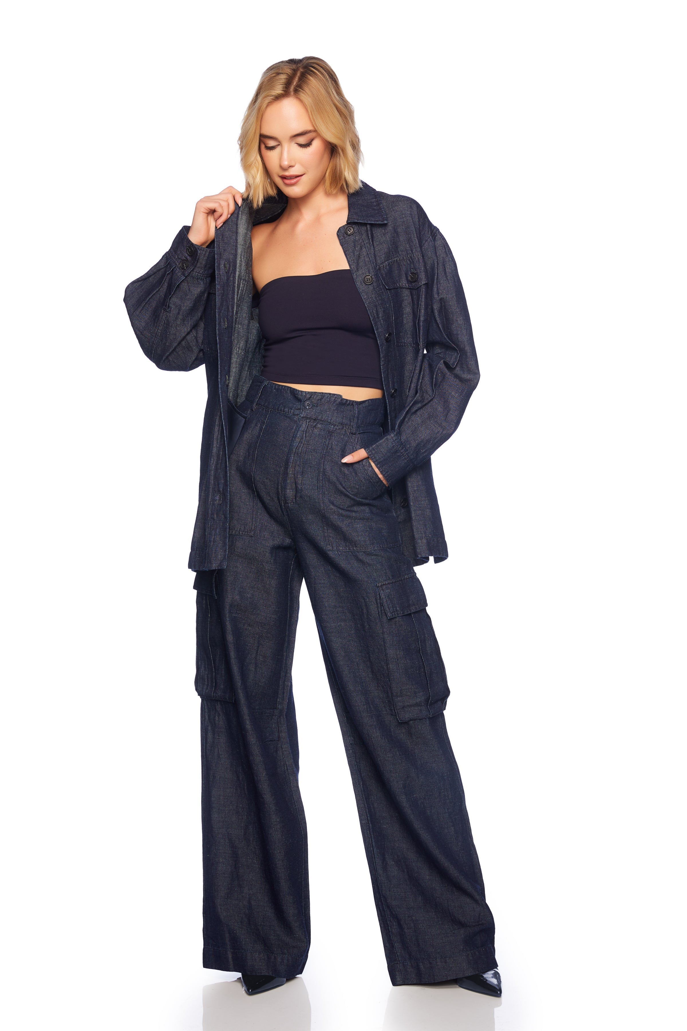 denim linen jacket with belt