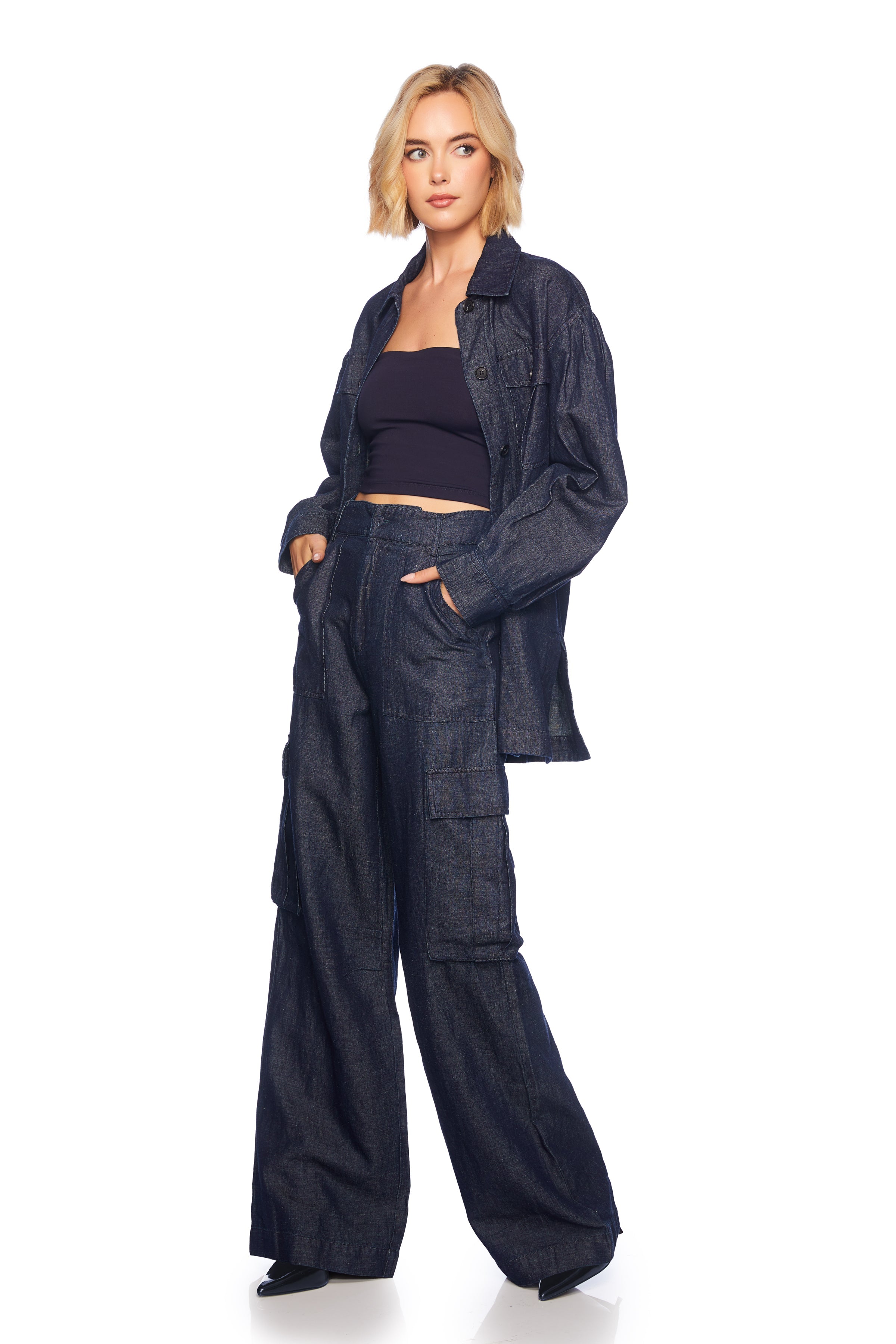 denim linen jacket with belt