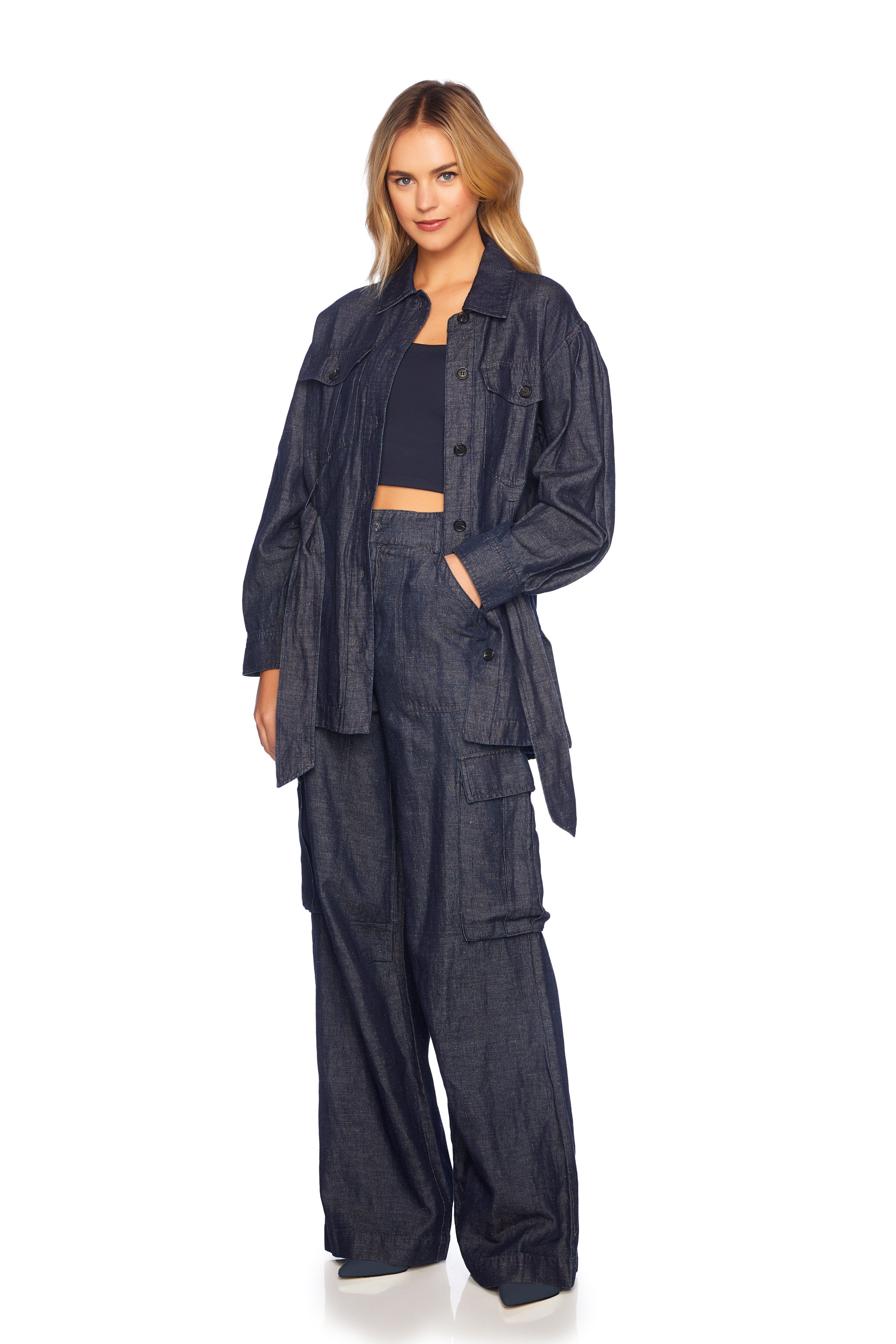 denim linen jacket with belt