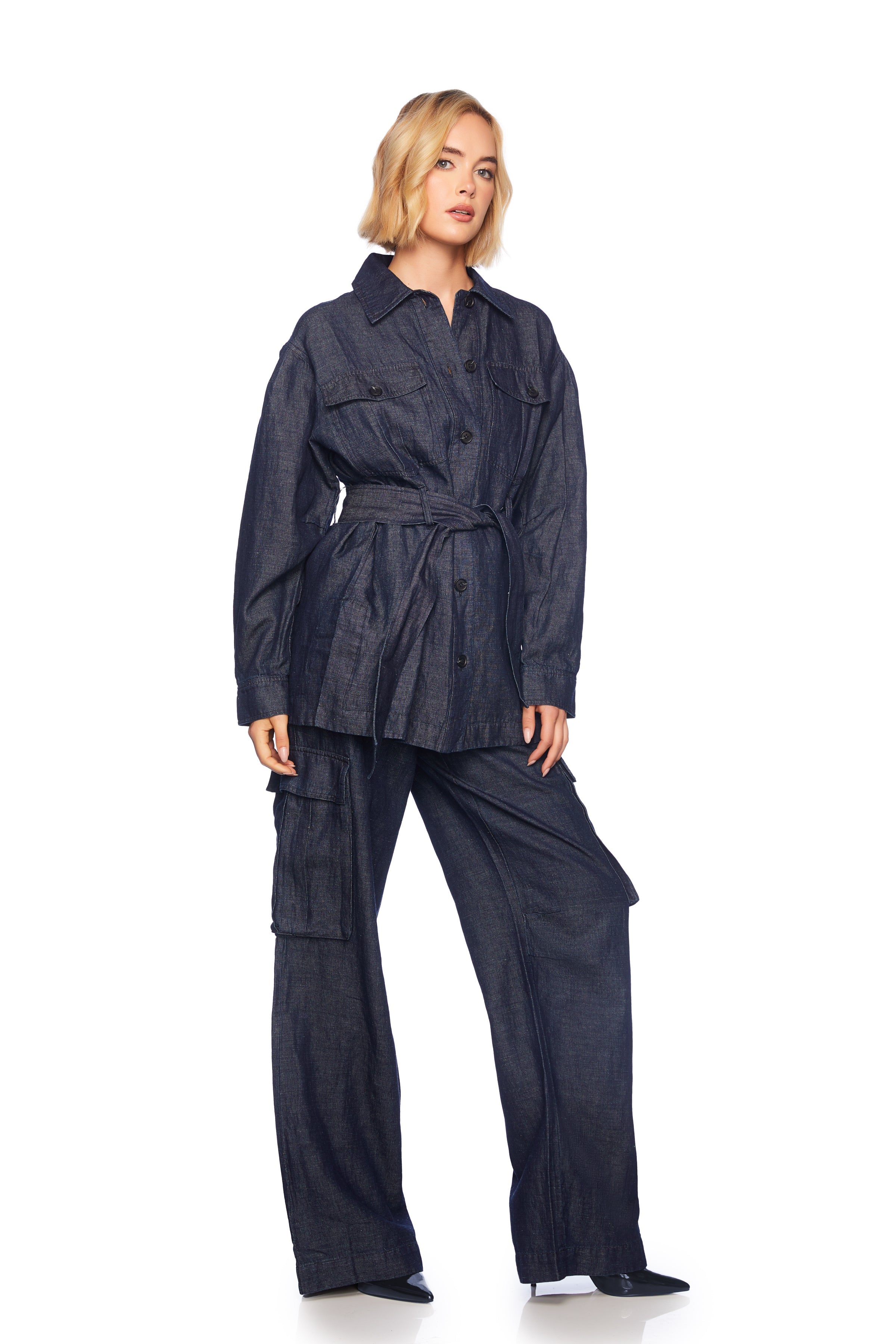 denim linen jacket with belt