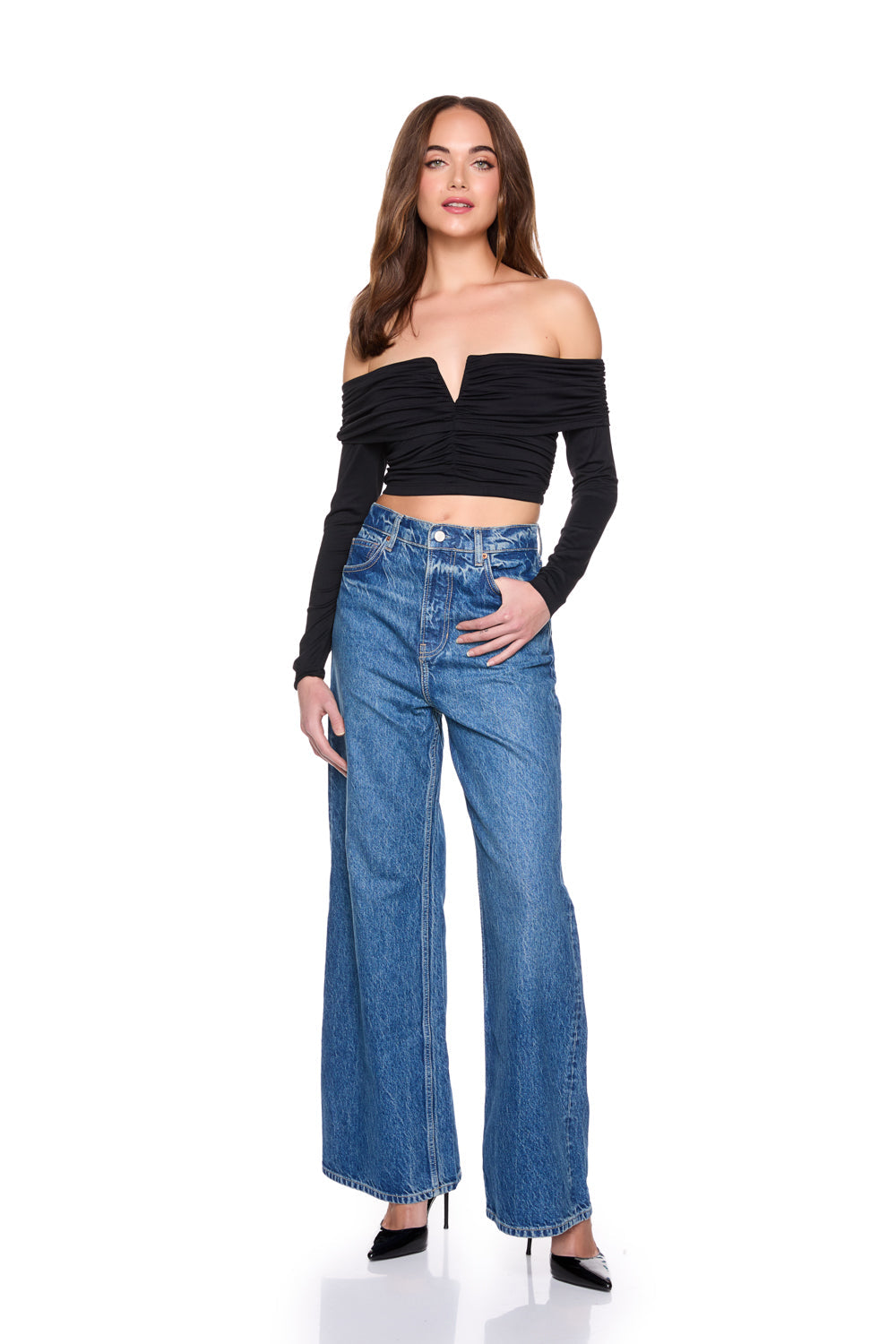 off shoulder long v wire top