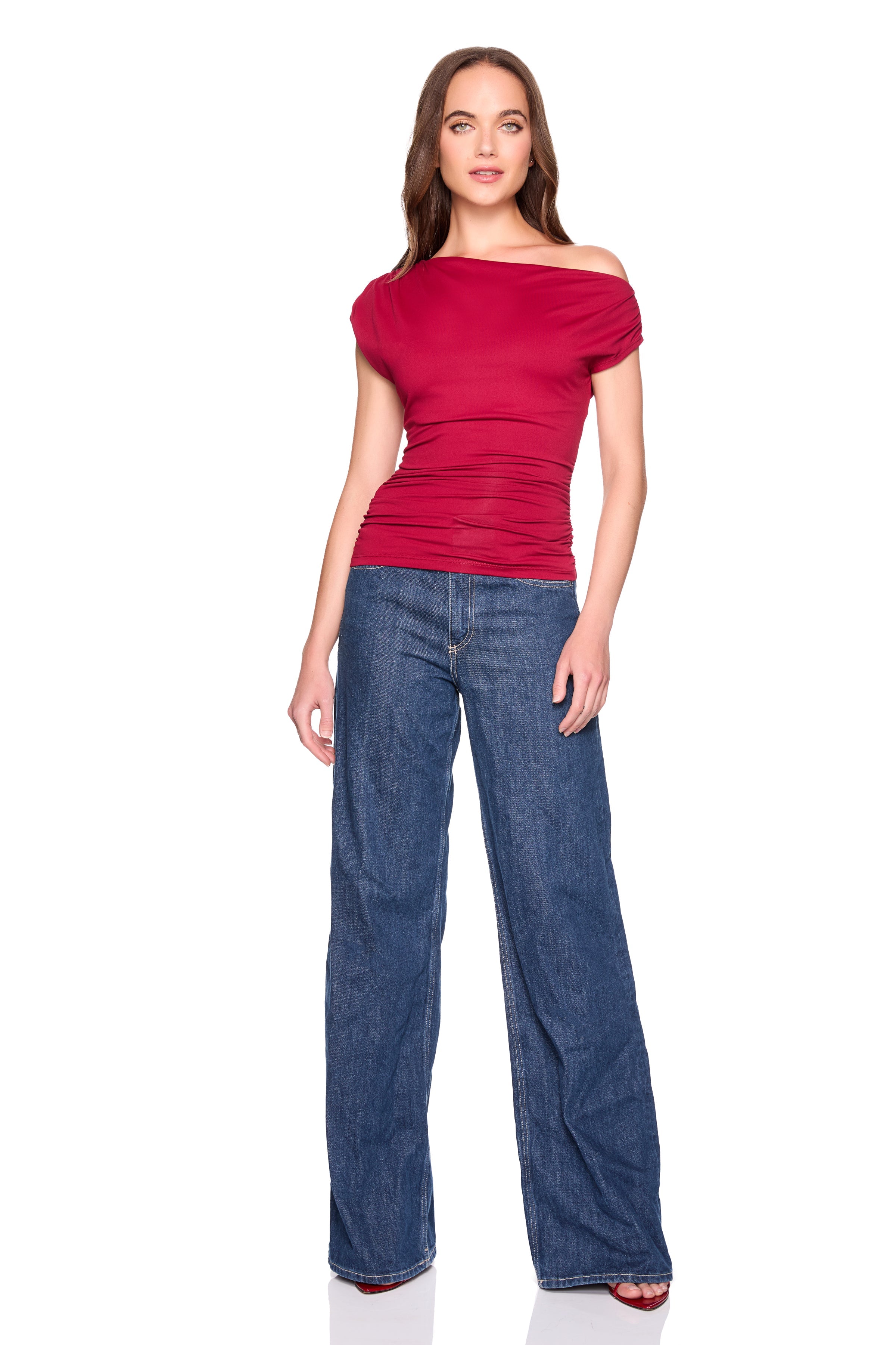 one arm slight off shoulder