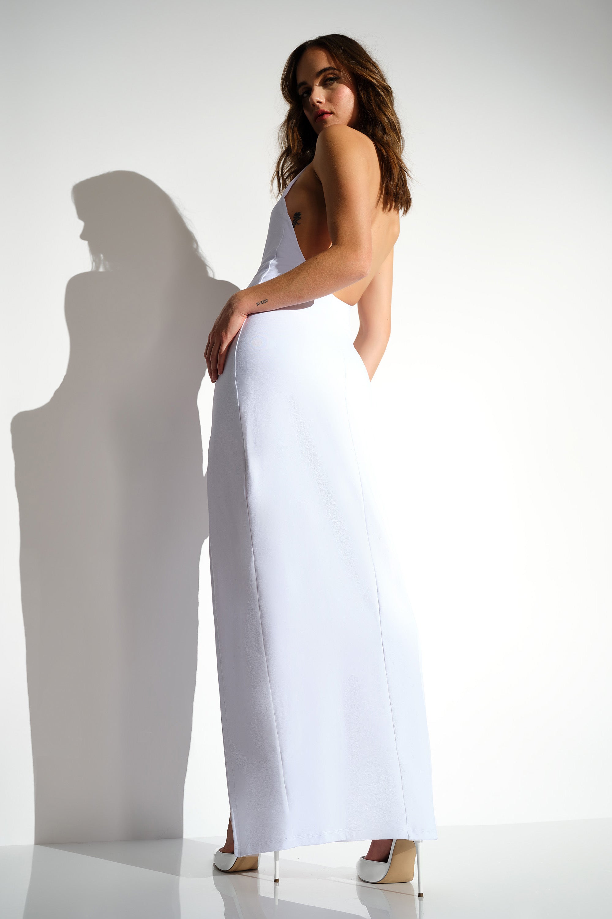 halter low back slit dress with attached bodysuit lining