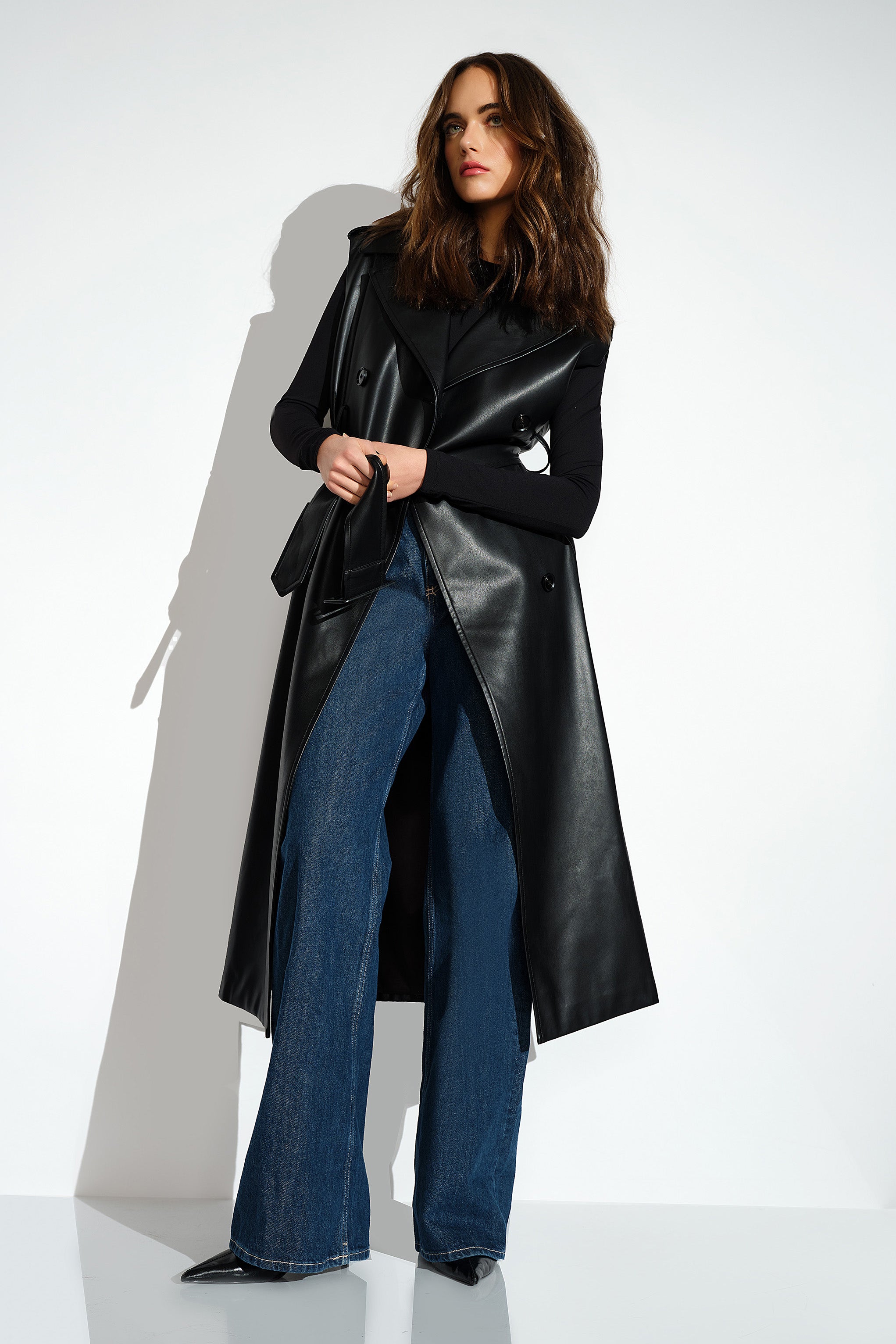 faux leather sleeveless trench black