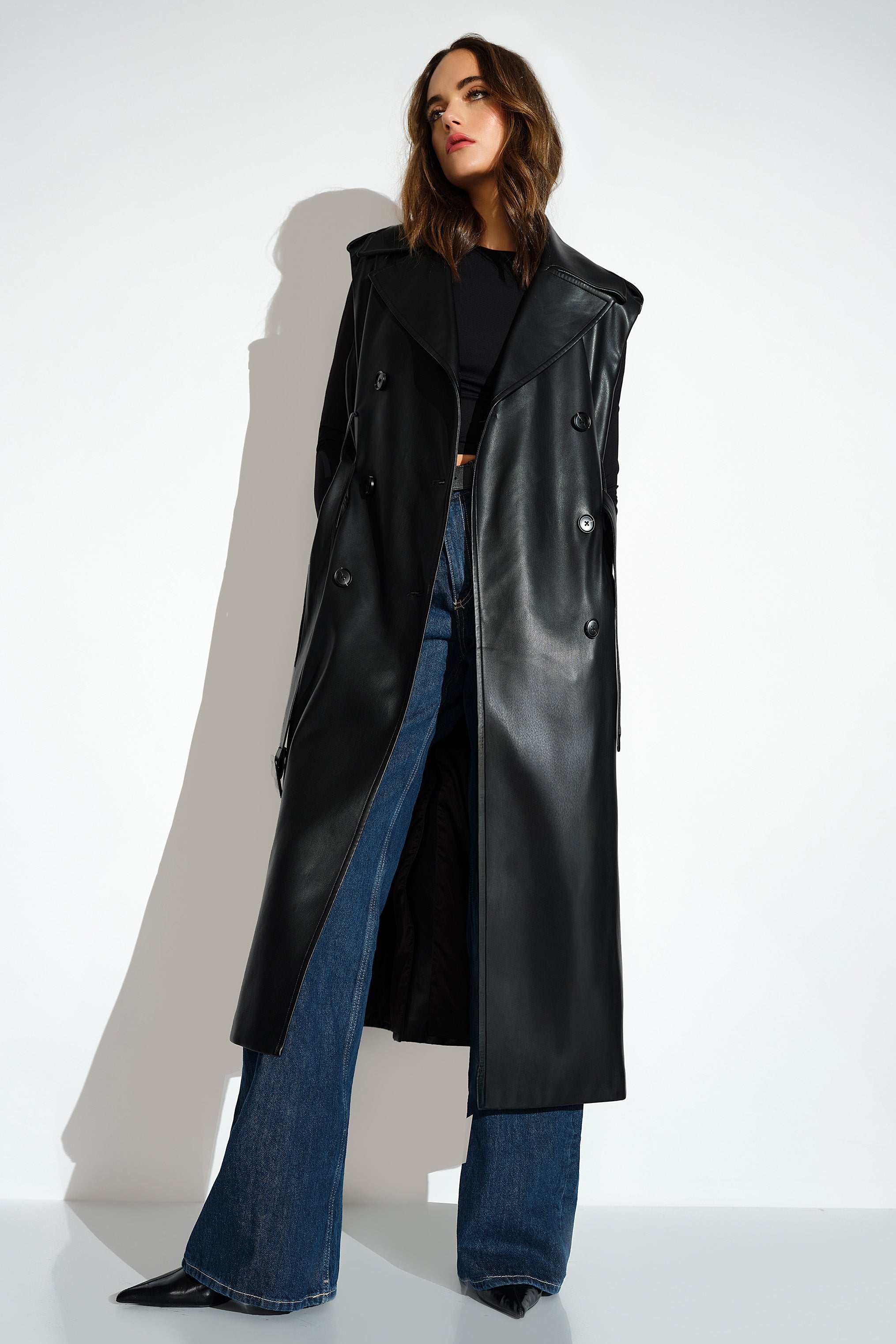 faux leather sleeveless trench black