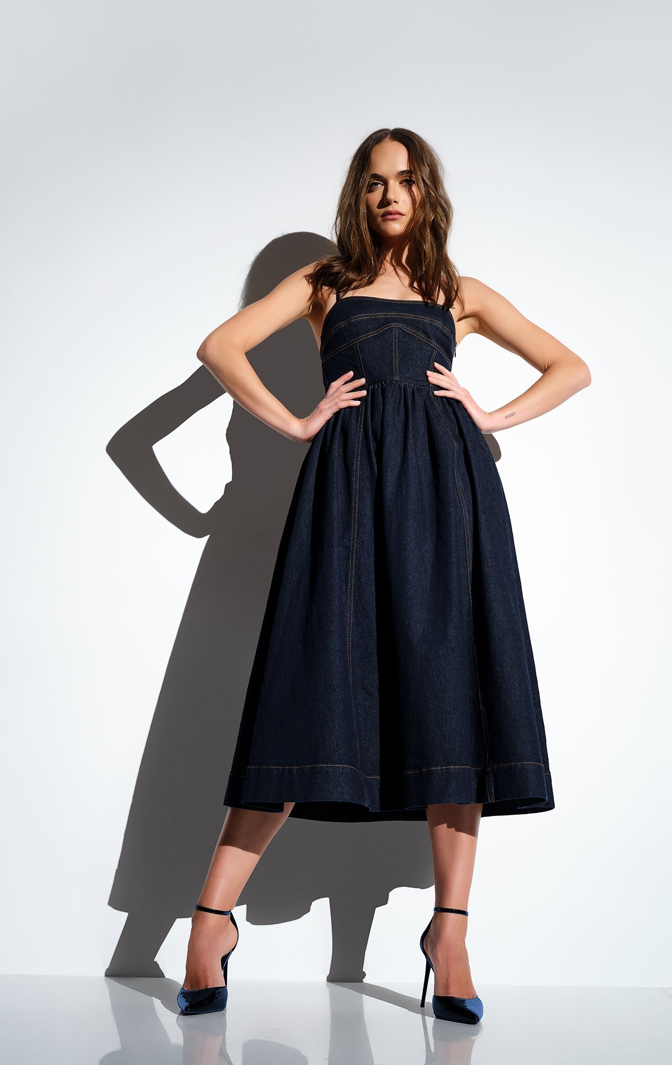 denim corset midi dress