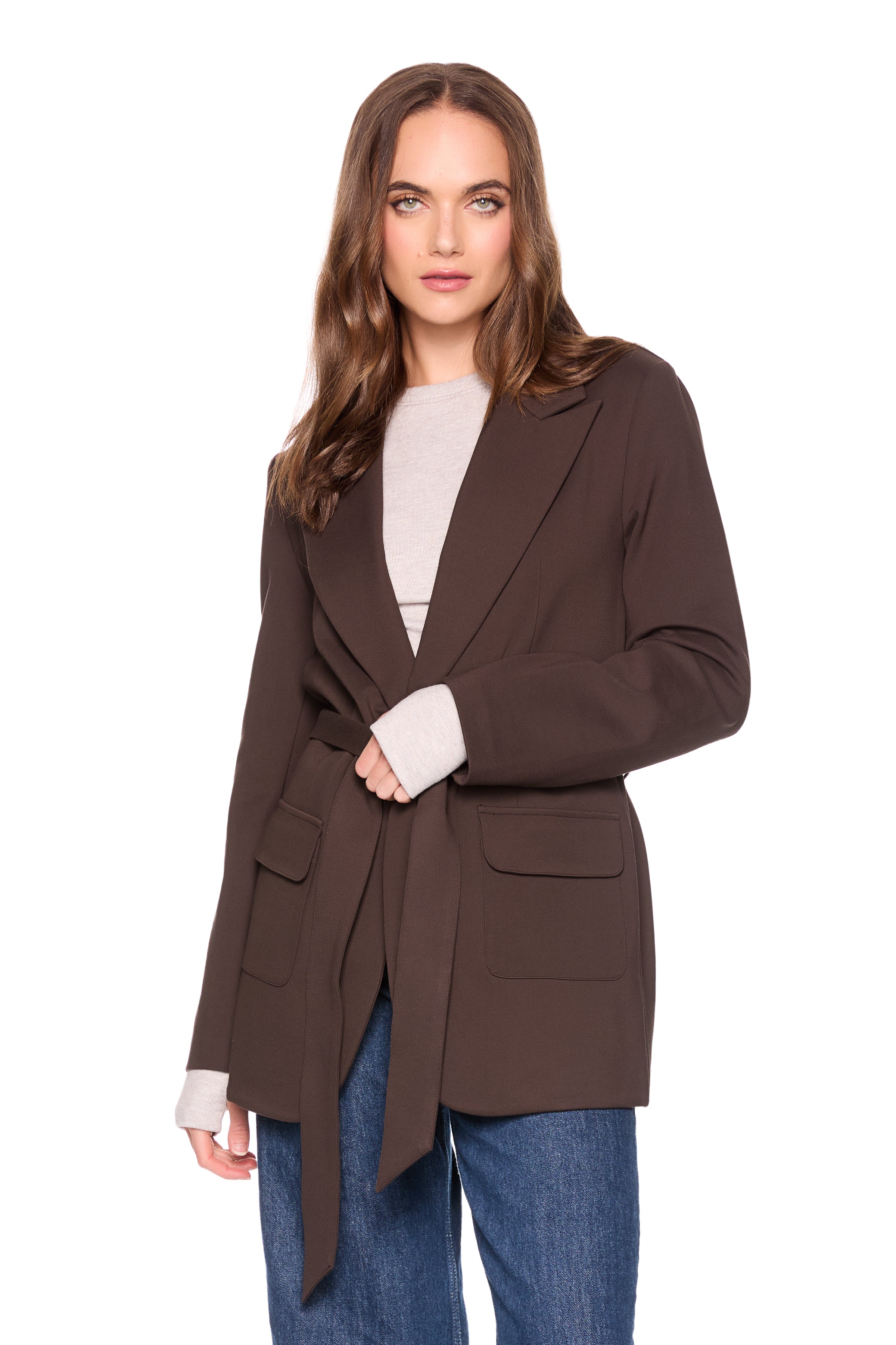 ponte patch pocket tie jacket java